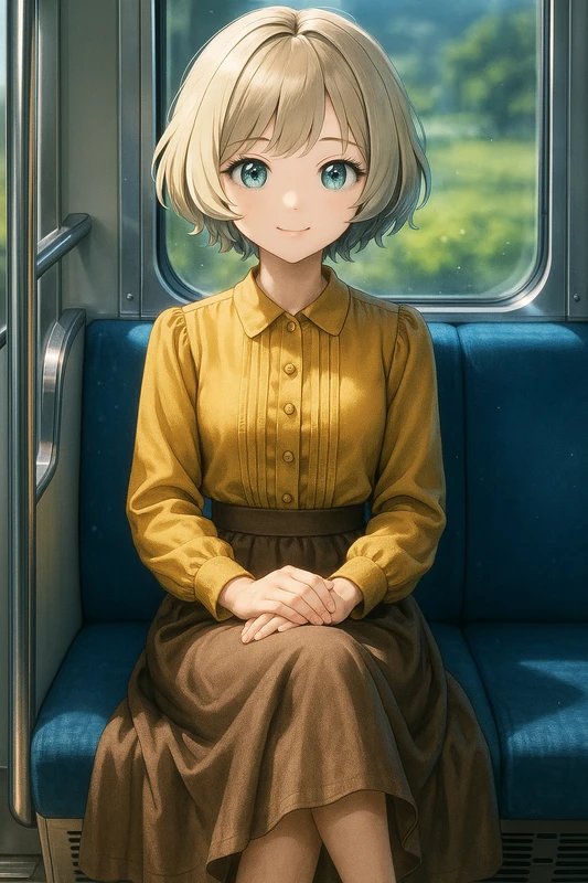 足を組んで座るAIイラスト|電車内プロンプト紹介