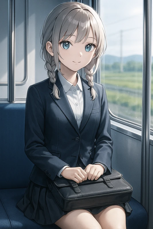 荷物を膝に置いて座るAIイラスト|電車内プロンプト紹介