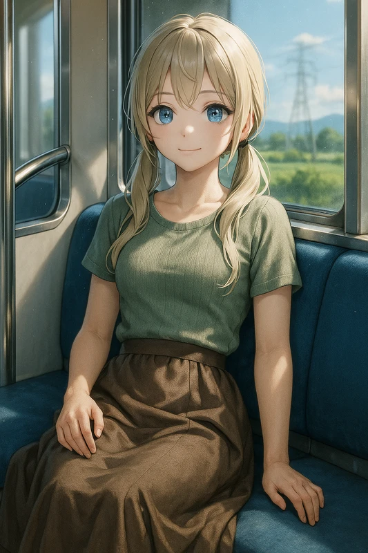 リラックスして座るAIイラスト|電車内プロンプト紹介