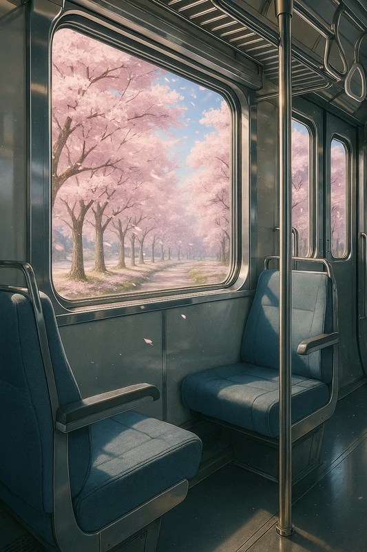 桜並木|電車の車窓からの景色のプロンプト