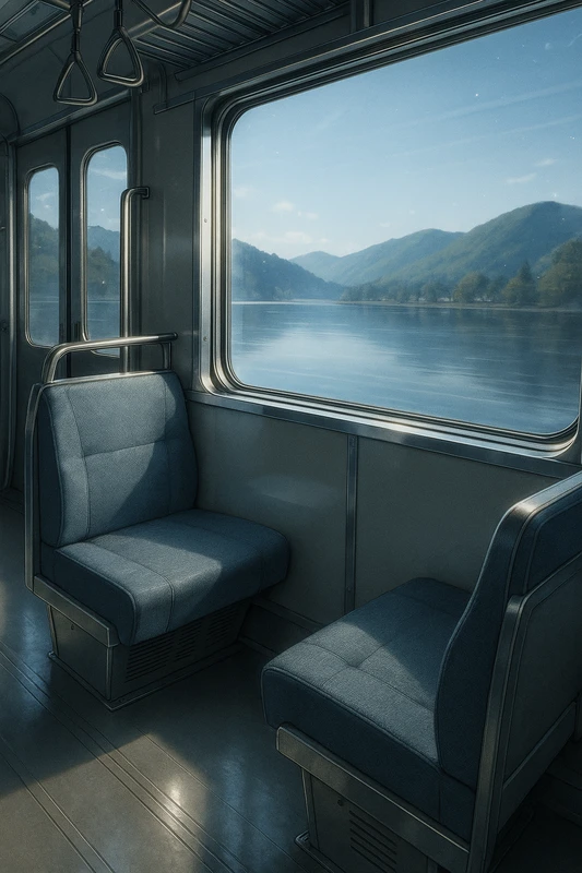湖畔景色|電車の車窓からの景色のプロンプト