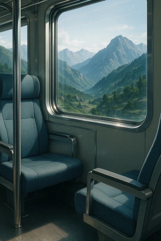 山岳風景|電車の車窓からの景色のプロンプト