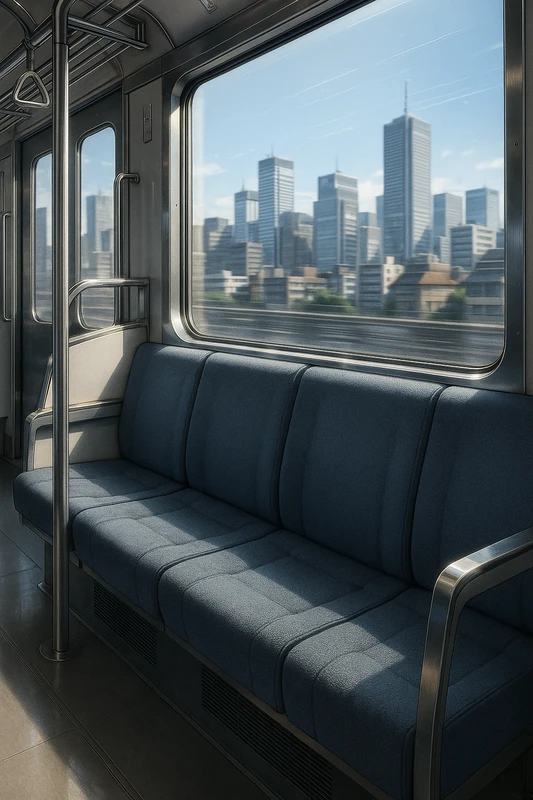 都市スカイライン|電車の車窓からの景色のプロンプト