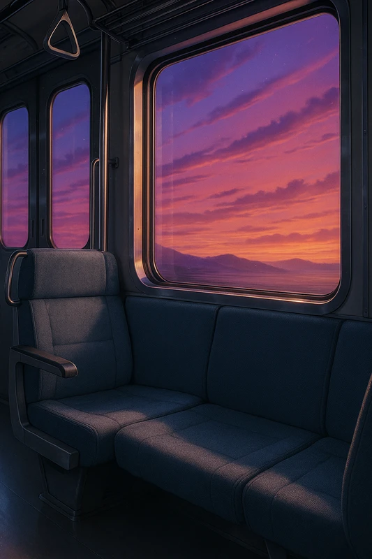 夕焼け空|電車の車窓からの景色のプロンプト