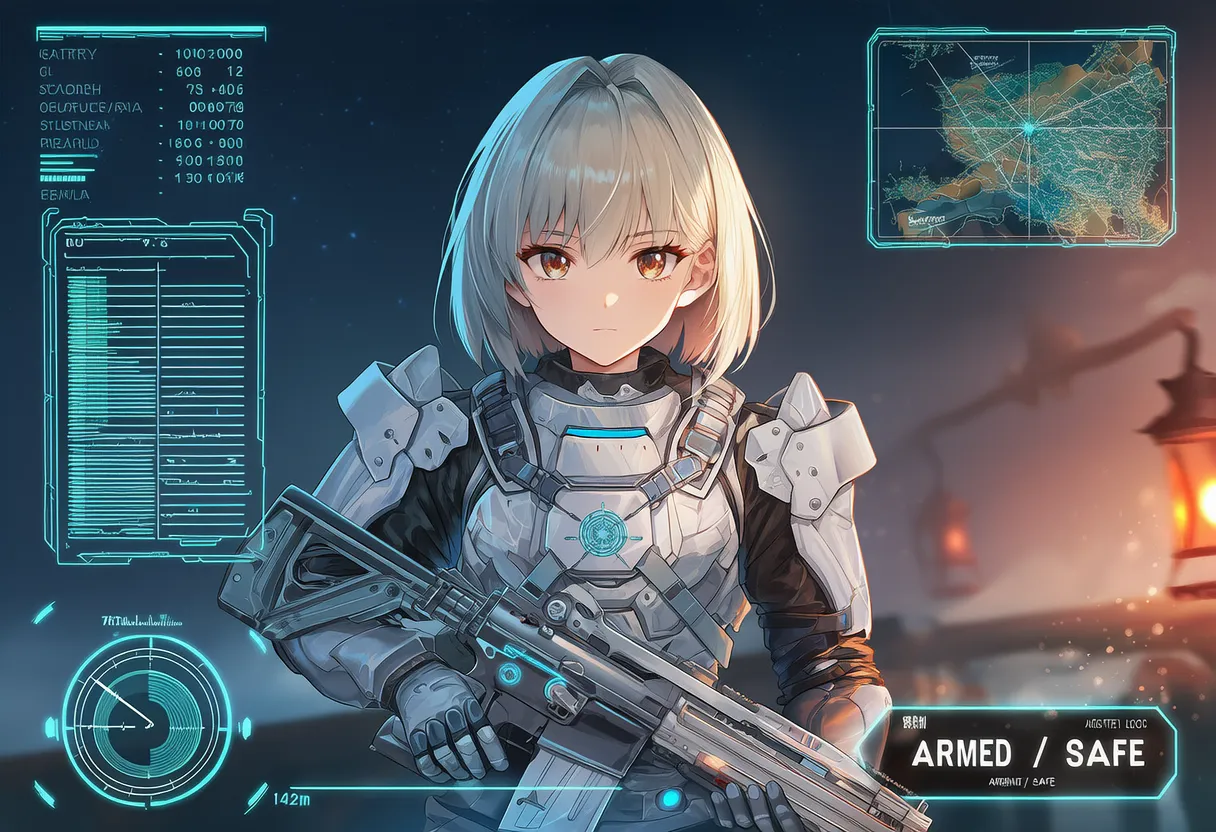SF映画風の多機能戦術フレームに映る美少女｜プロンプト紹介
