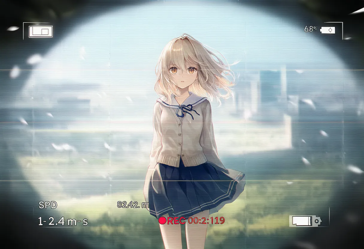ドローン撮影用のHUD風フレームに映る美少女｜プロンプト紹介