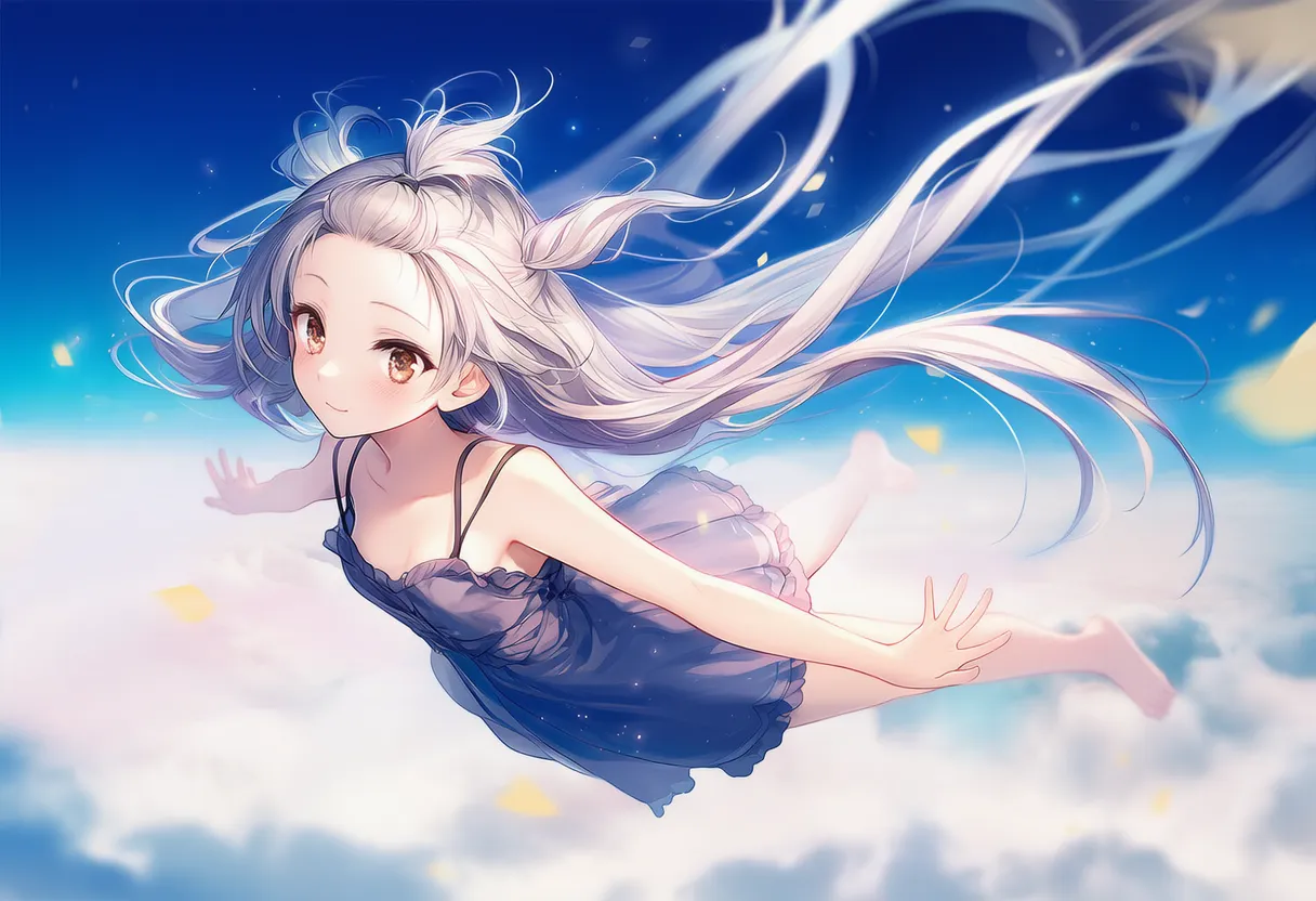 雲の上で空を飛ぶ美少女AIイラスト｜プロンプト紹介