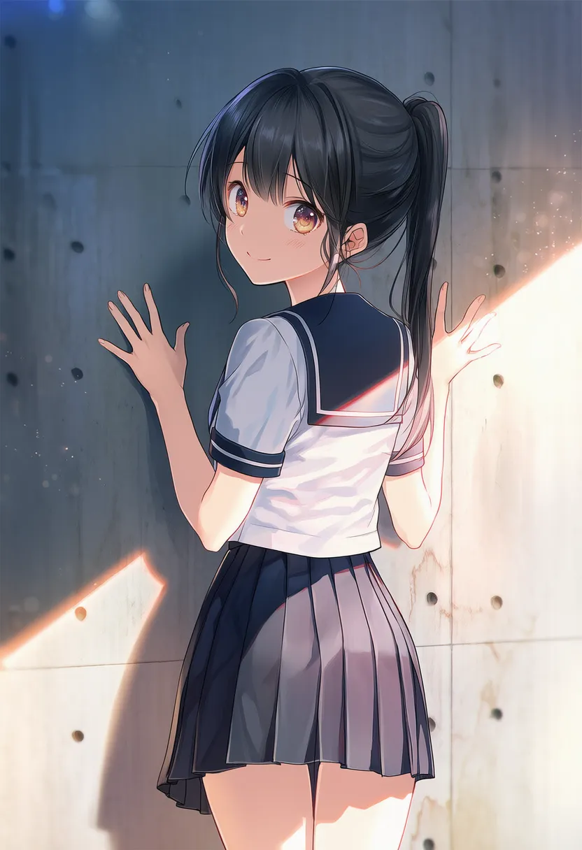 壁に手をついて振り返る美少女AIイラスト作例２｜プロンプト紹介