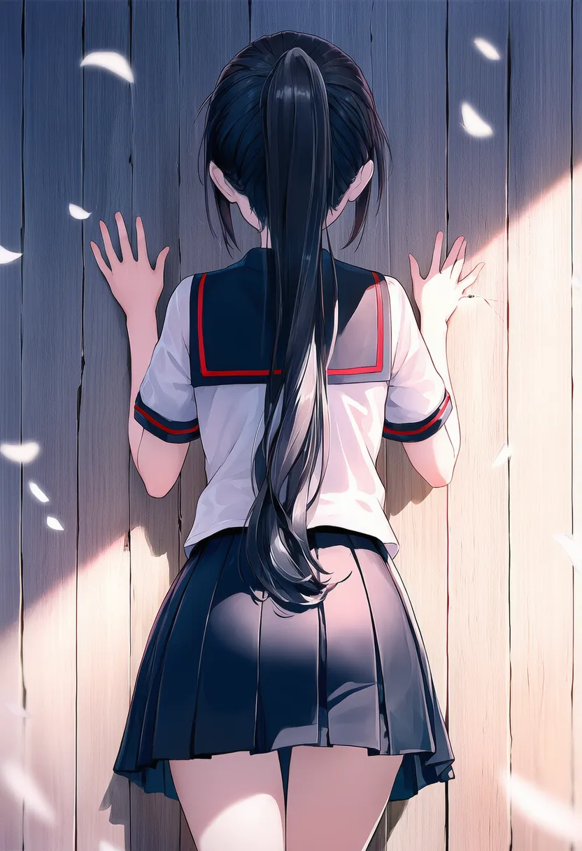 後ろ向きポーズで壁に手をつく美少女AIイラスト｜プロンプト紹介