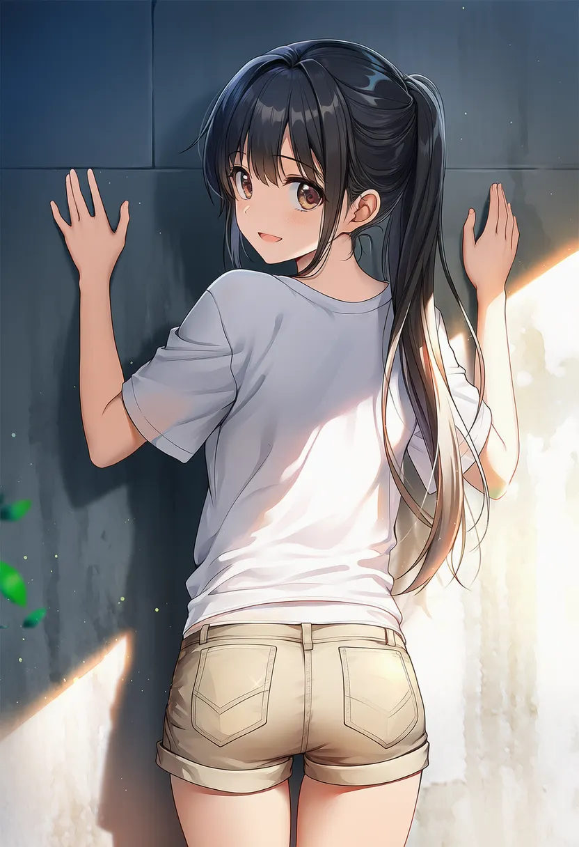 腕を肩より高く上げて壁に手をつく美少女AIイラスト｜プロンプト紹介