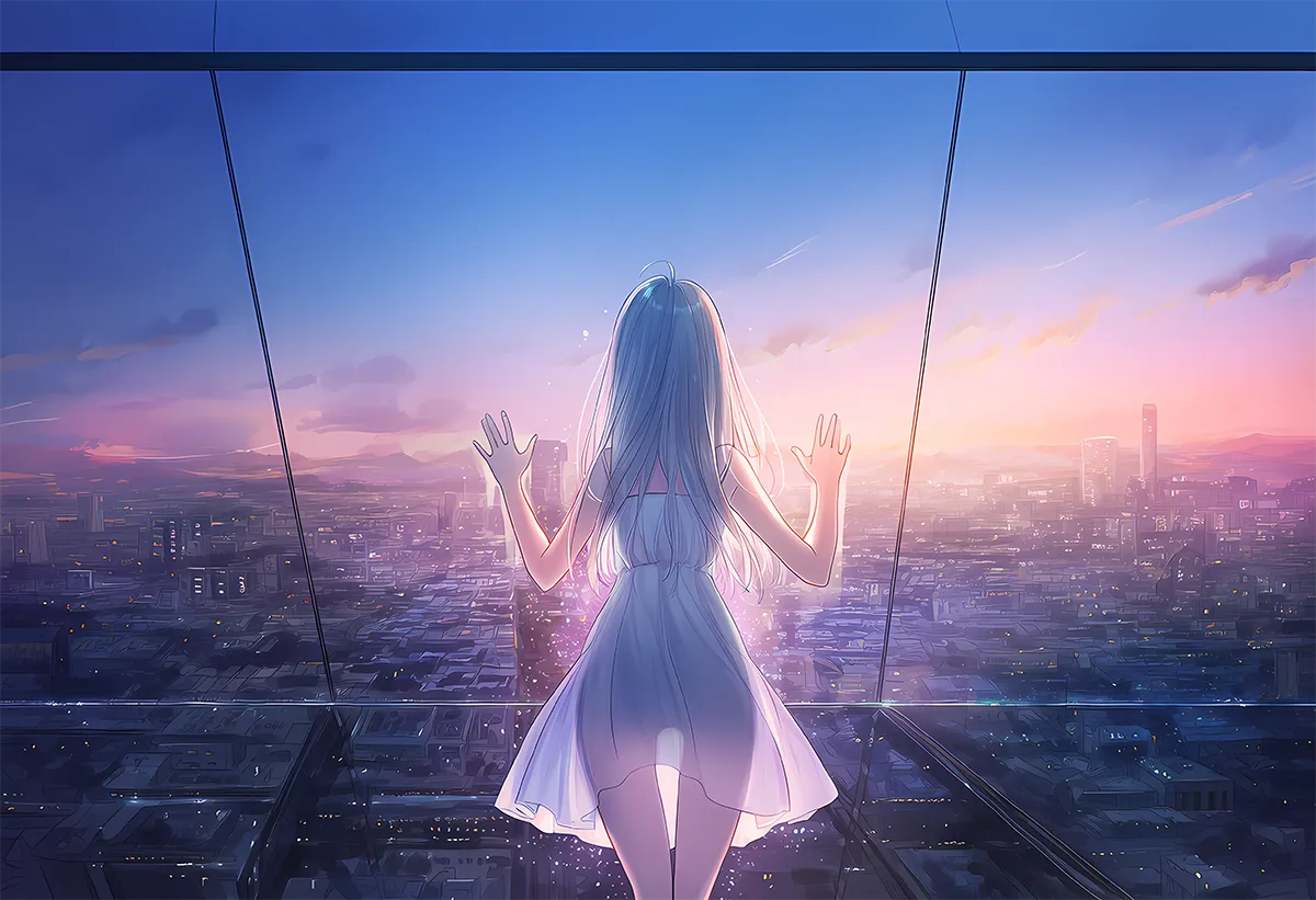 展望台のガラス壁に手をついて景色を眺める美少女AIイラスト｜プロンプト紹介