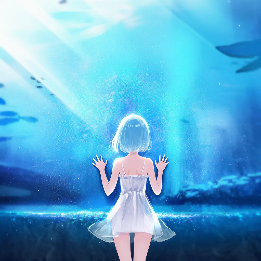 水族館の水槽をのぞく美少女AIイラスト｜プロンプト紹介