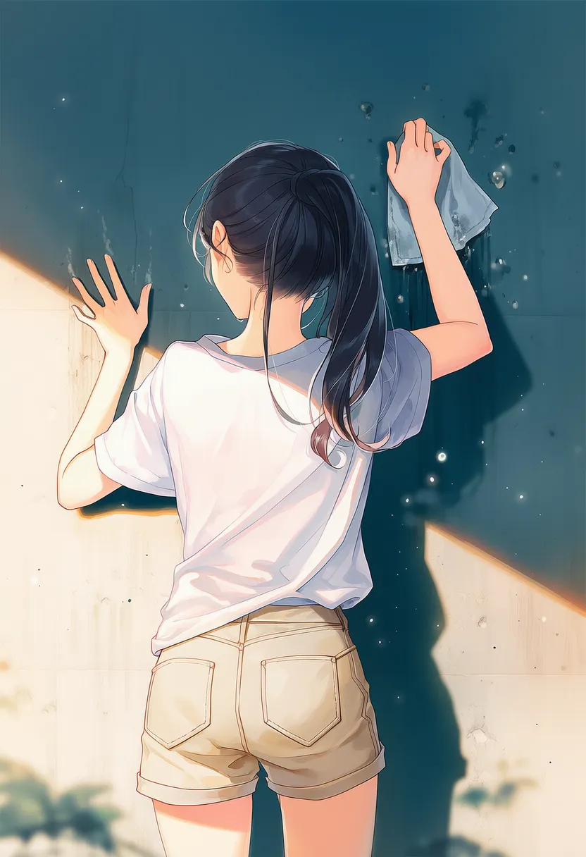 壁に手をつき、壁を拭く美少女AIイラスト｜プロンプト紹介