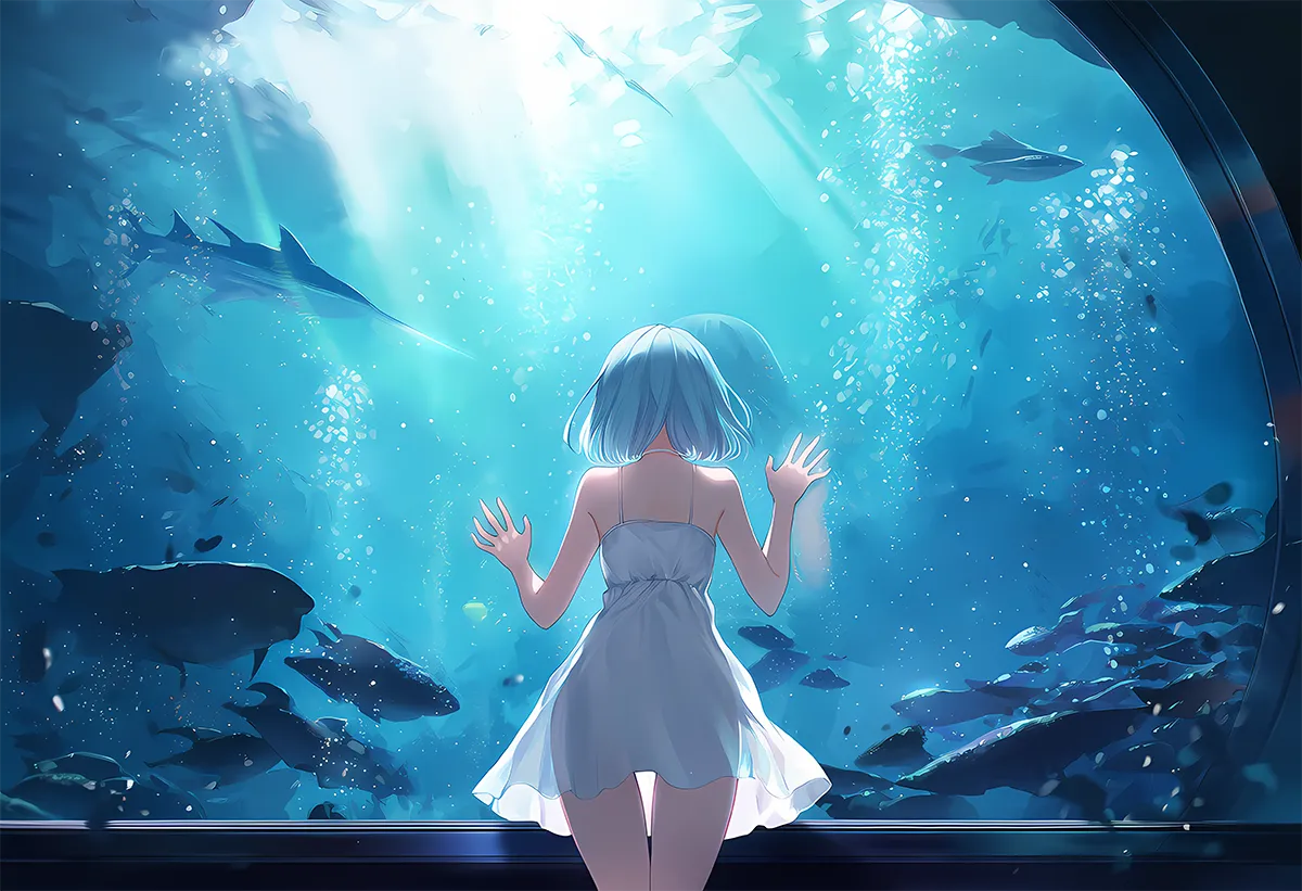 ガラス壁に手をついて水槽をながめる美少女AIイラスト