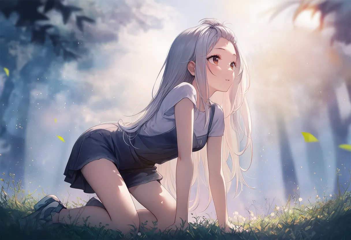 頭を上げて前を見る四つん這いポーズの美少女AIイラスト｜プロンプト紹介