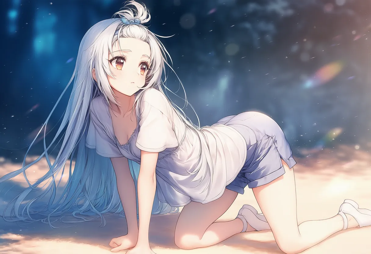 体をひねって後ろを見る四つん這いポーズの美少女AIイラスト｜プロンプト紹介