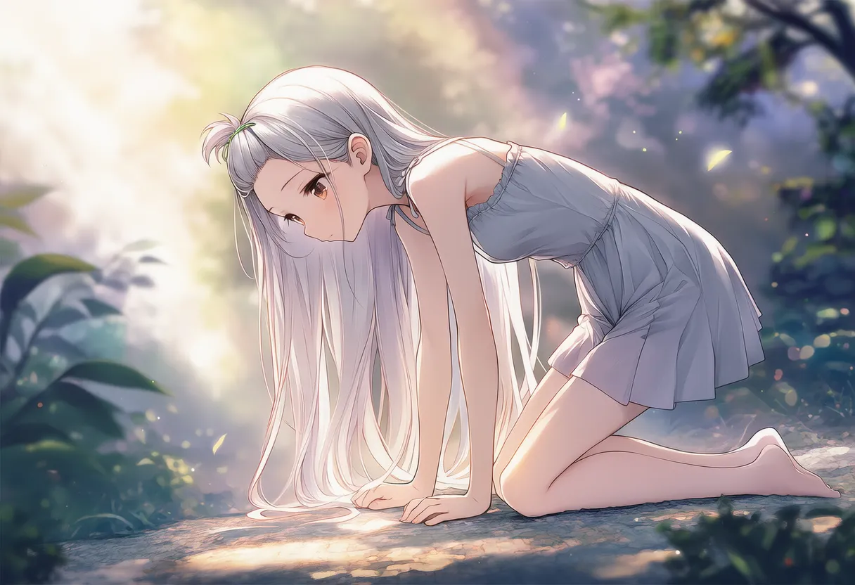 背中を丸める四つん這いポーズの美少女AIイラスト｜プロンプト紹介