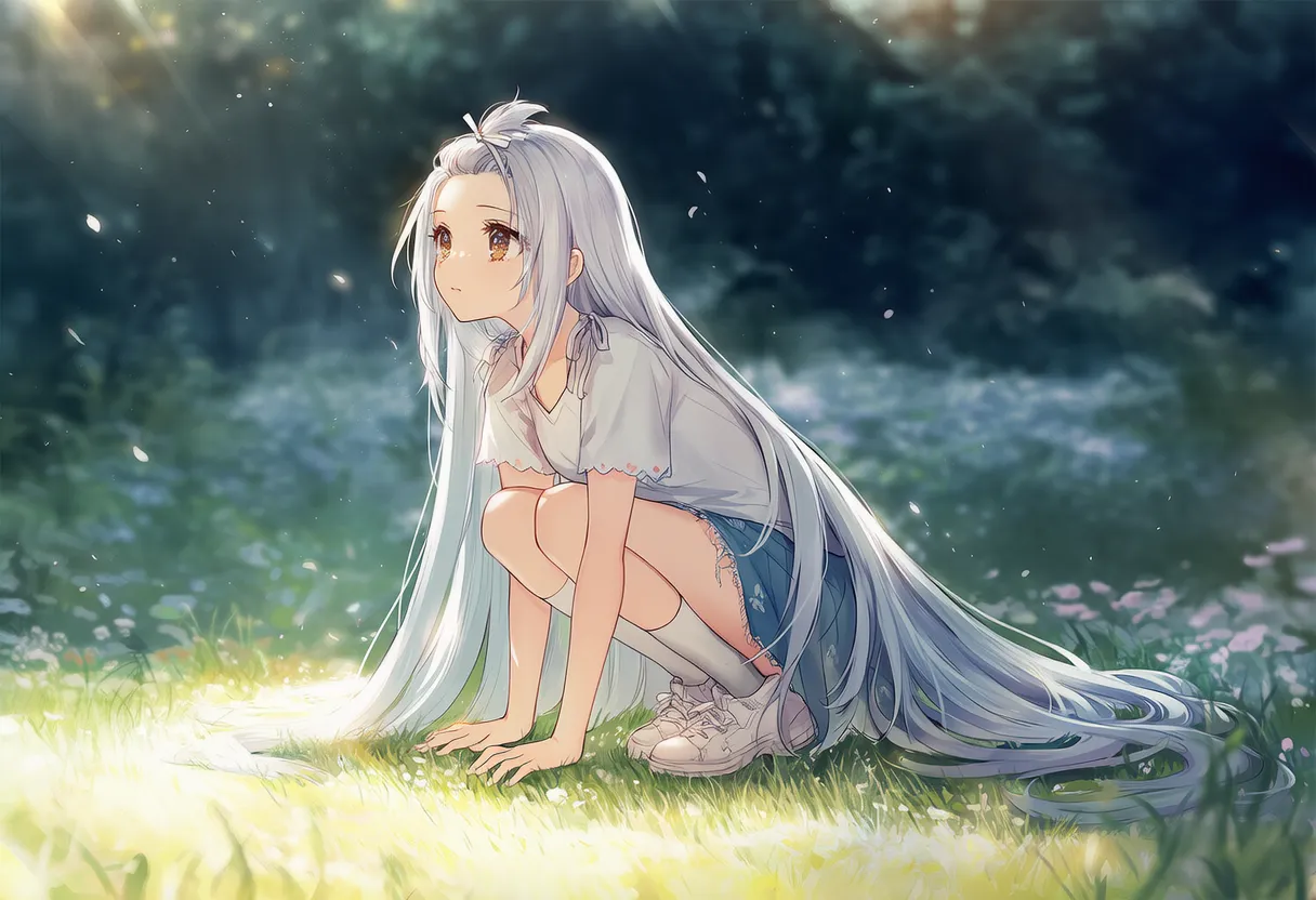 腰を落として背中を丸める四つん這いポーズの美少女AIイラスト（作例２）｜プロンプト紹介