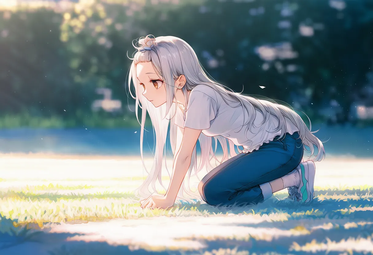 腰を落として背中を丸める四つん這いポーズの美少女AIイラスト｜プロンプト紹介