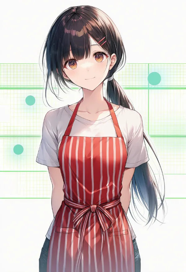 ストライプ柄エプロンを付けた美少女のAIイラスト|プロンプト紹介