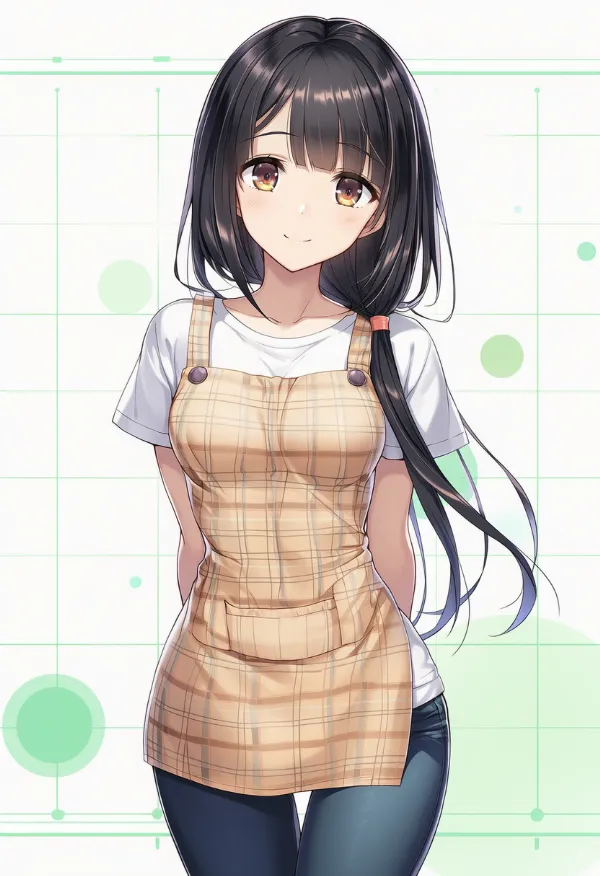 プレイド柄エプロンを付けた美少女のAIイラスト|プロンプト紹介