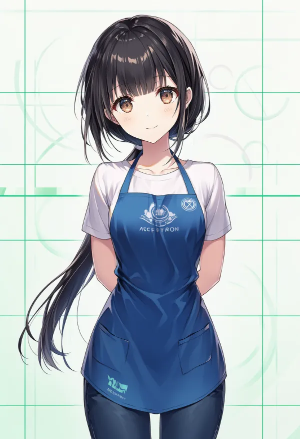 ロゴ入りエプロンを付けた美少女のAIイラスト|プロンプト紹介