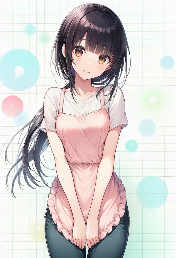 フリル付きエプロンを付けた美少女のAIイラスト|プロンプト紹介