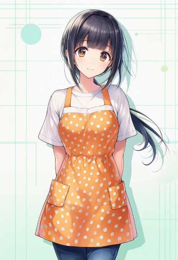 水玉模様のエプロンを付けた美少女のAIイラスト|プロンプト紹介