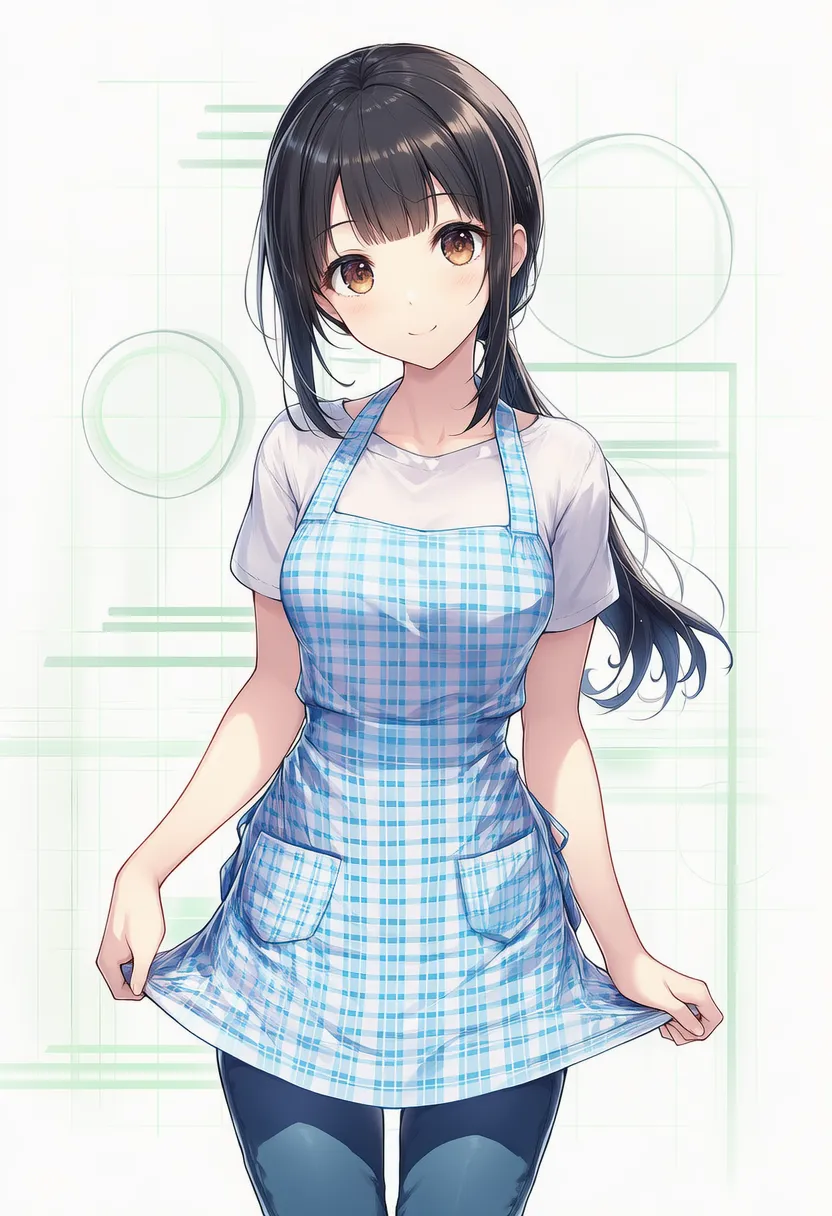 チェック柄エプロンを付けた美少女のAIイラスト|プロンプト紹介