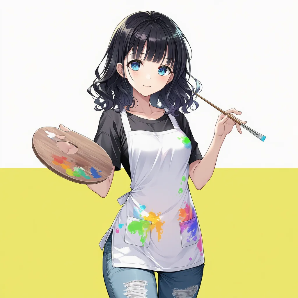 アートペインターのエプロンを身に着けた美少女AIイラスト|プロンプト紹介