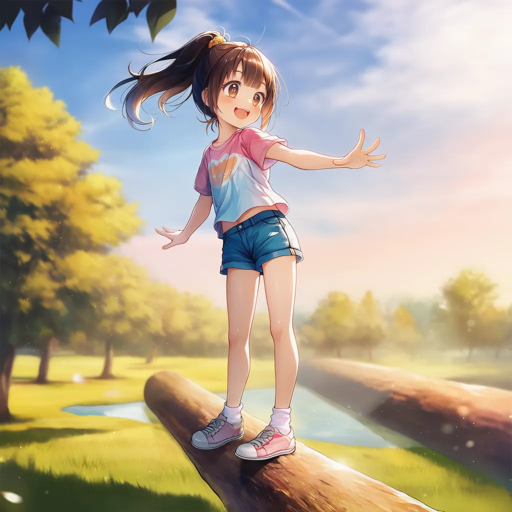 丸太状のバランス遊具で遊ぶ女の子のAIイラスト｜公園遊具プロンプト