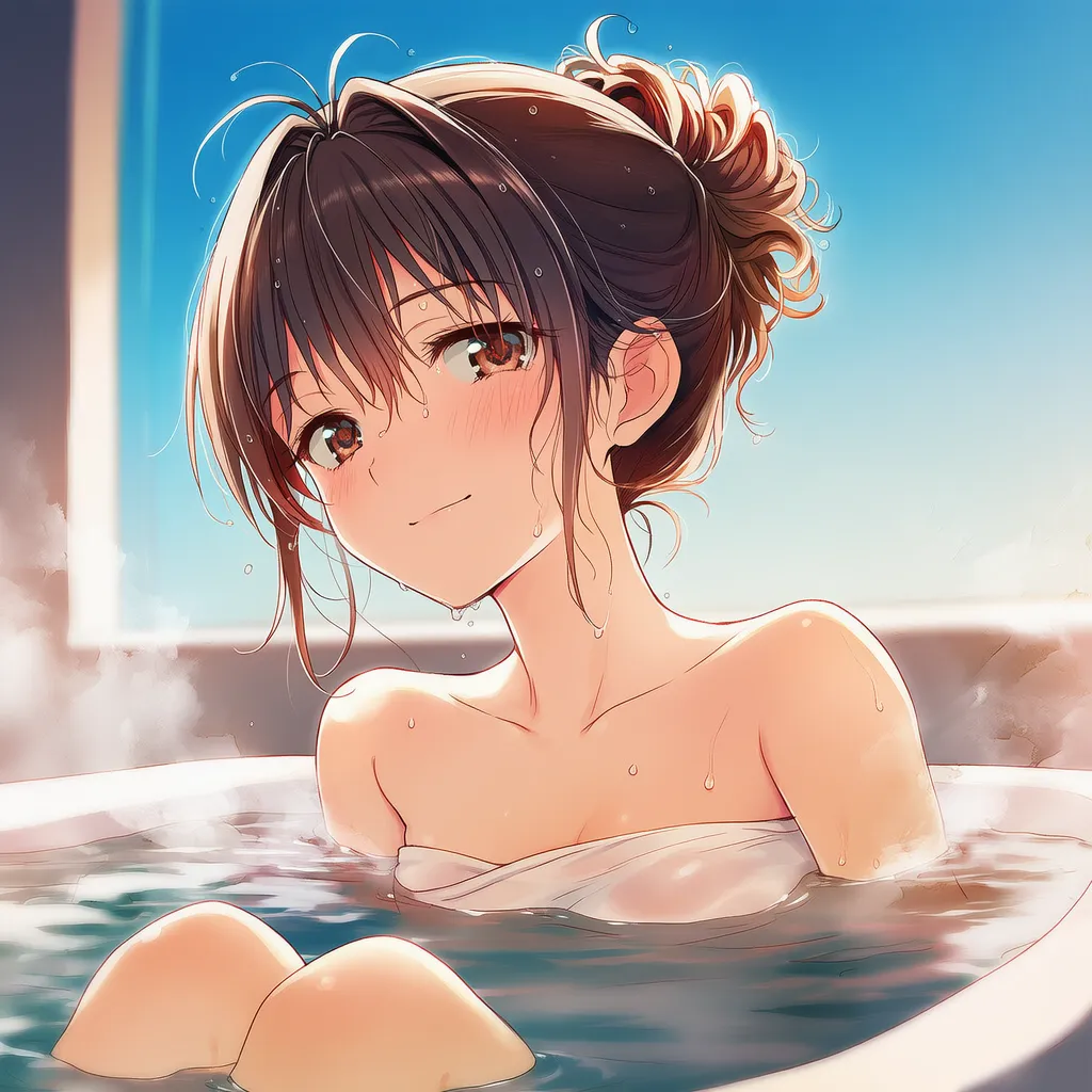 湯船に浸かる様子のAIイラスト(作例2)|入浴のプロンプト