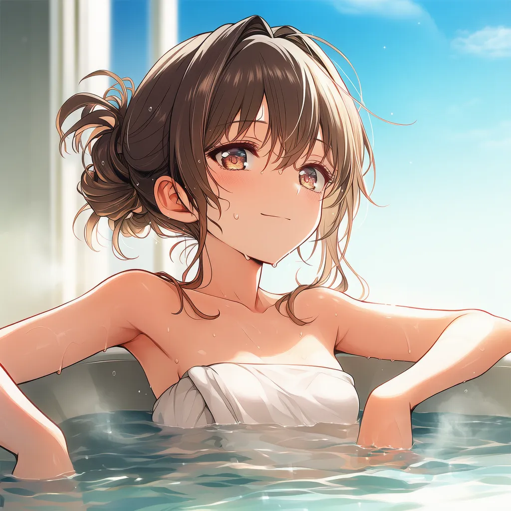 バスタブで肘をかける様子のAIイラスト||入浴のプロンプト