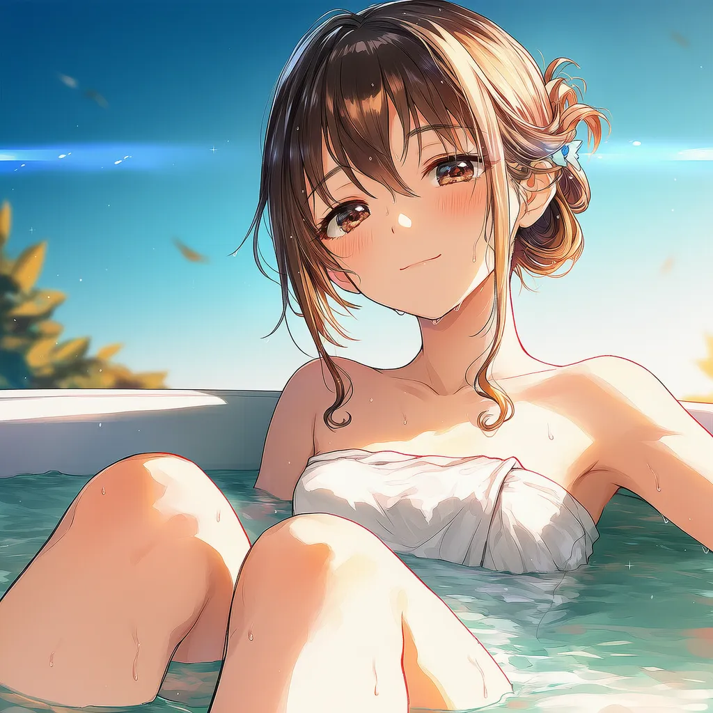 膝を出して湯船につかる様子のAIイラスト||入浴のプロンプト