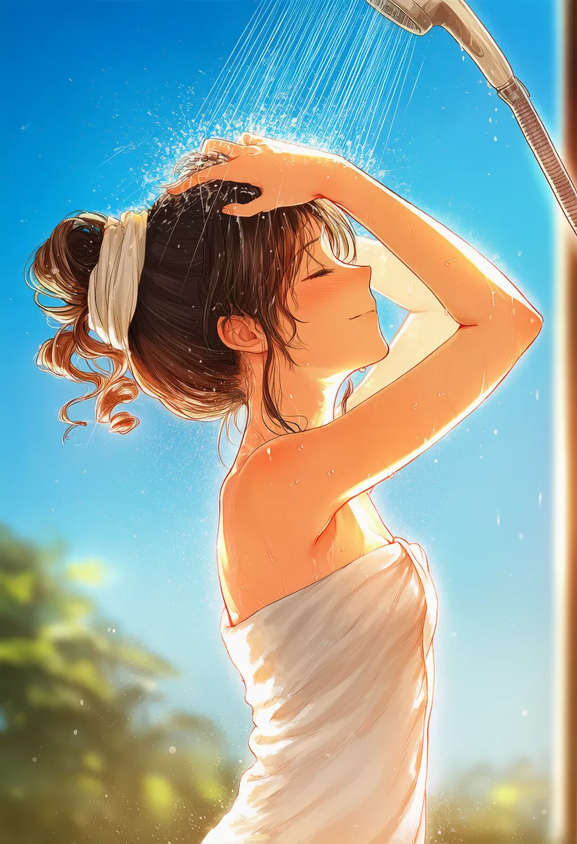 備え付けシャワーヘッドからシャワーを浴びるAIイラスト|プロンプト紹介