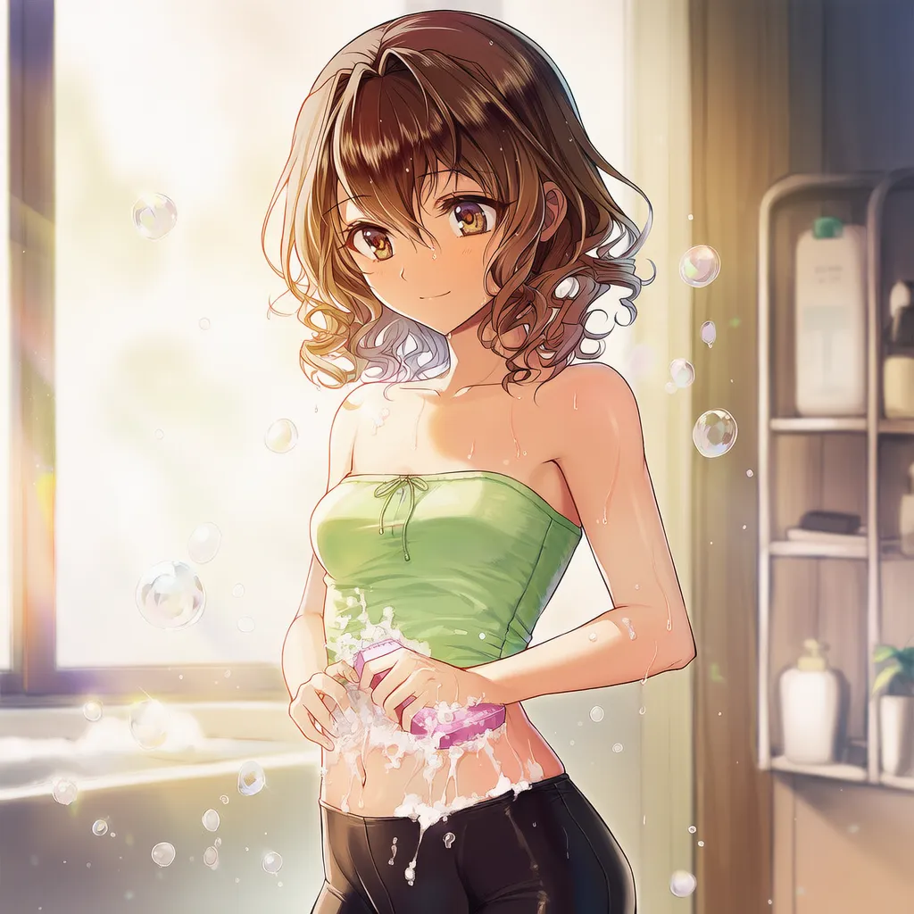 お腹を洗う様子のAIイラスト|入浴プロンプト紹介