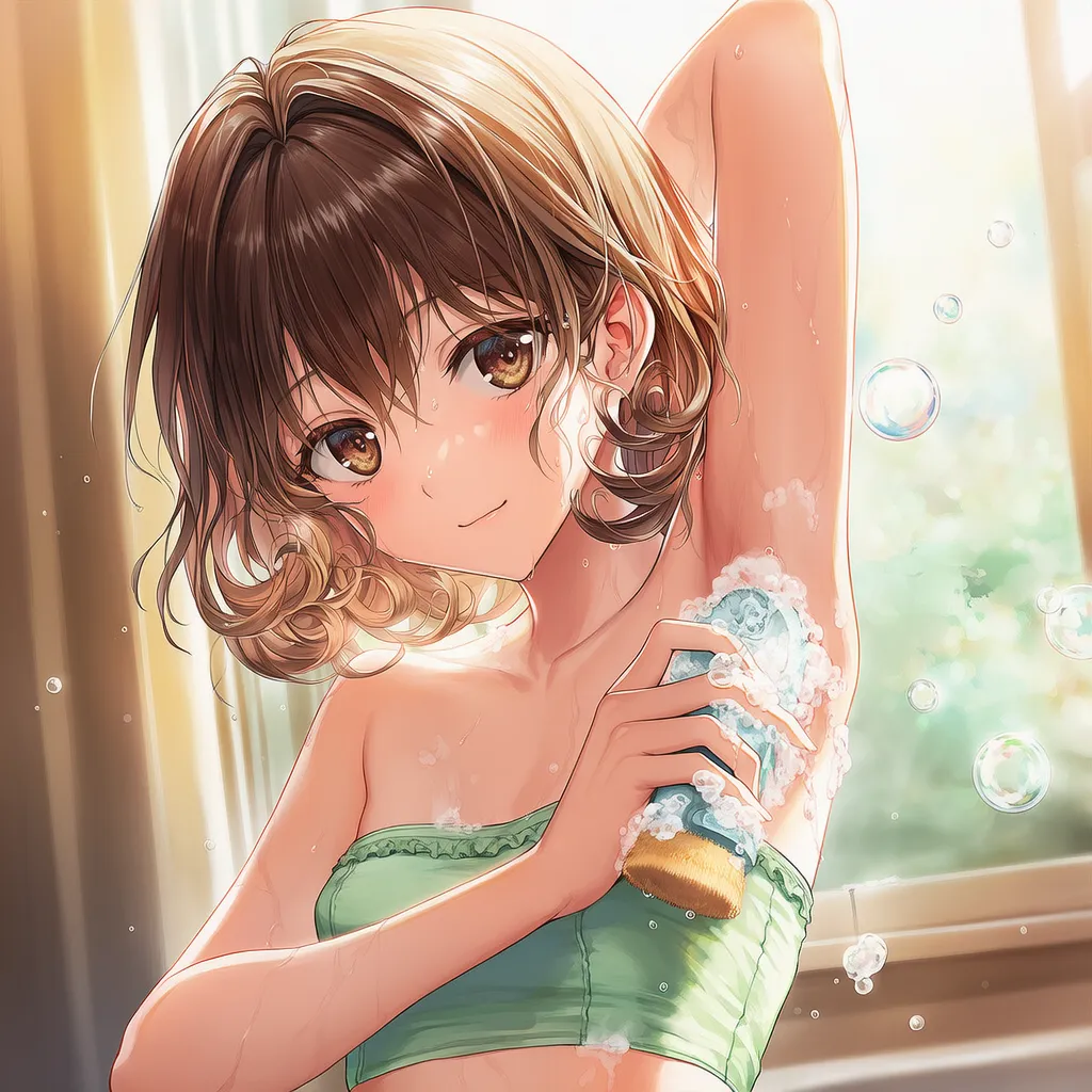 脇を洗う様子のAIイラスト|入浴プロンプト紹介