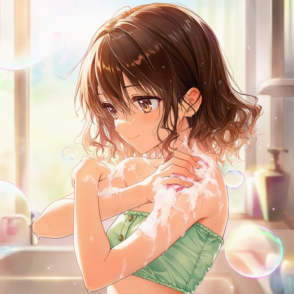 肩を洗う様子のAIイラスト|入浴プロンプト紹介