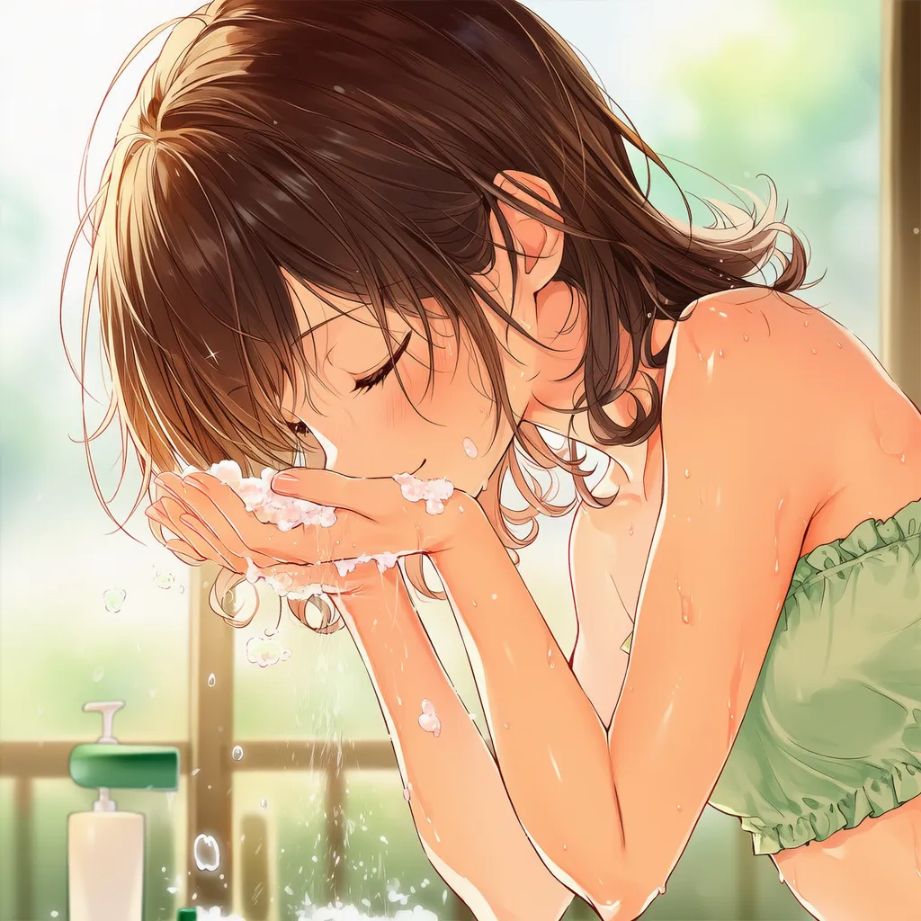 顔を洗う様子のAIイラスト|入浴プロンプト紹介