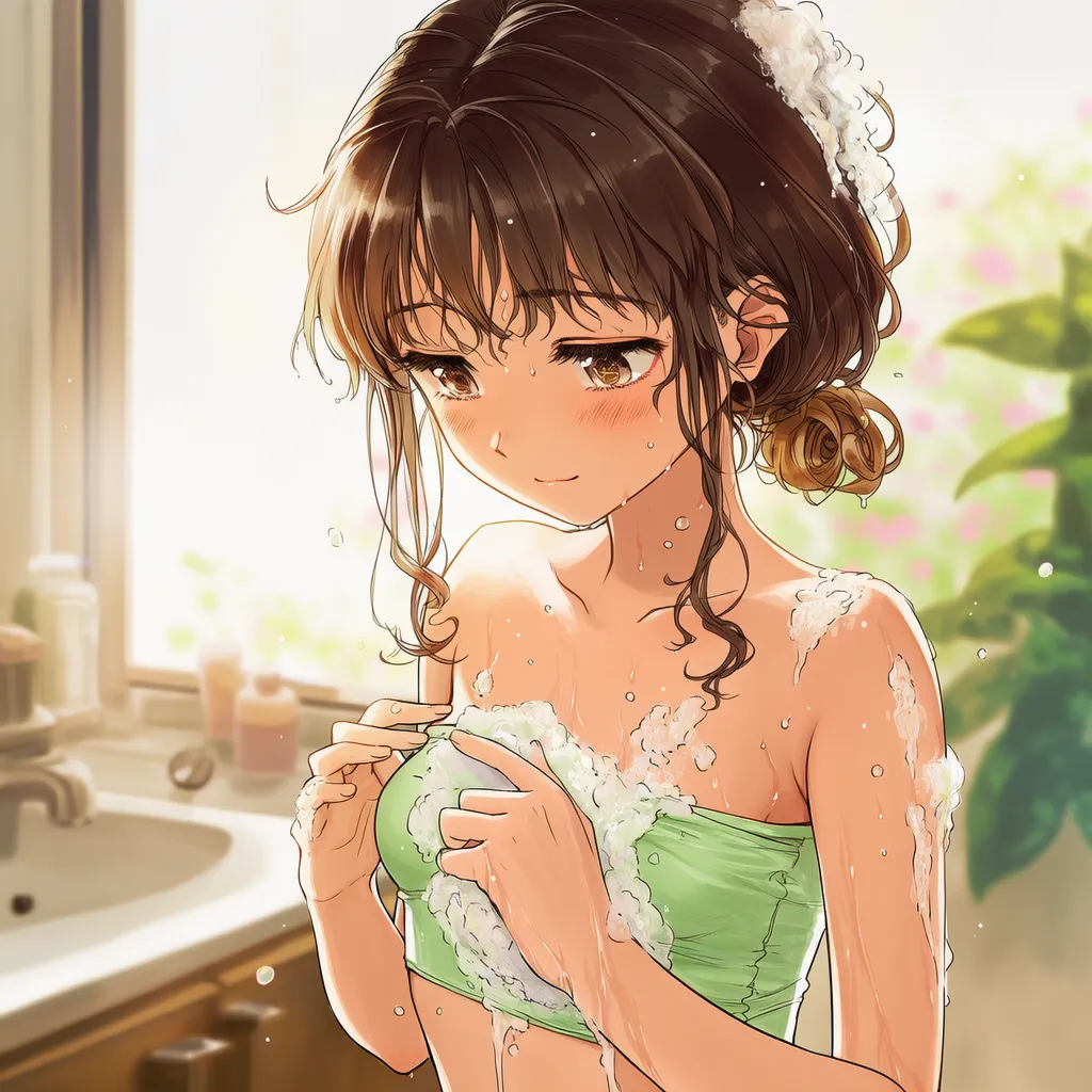 胸部を洗う様子のAIイラスト|入浴プロンプト紹介