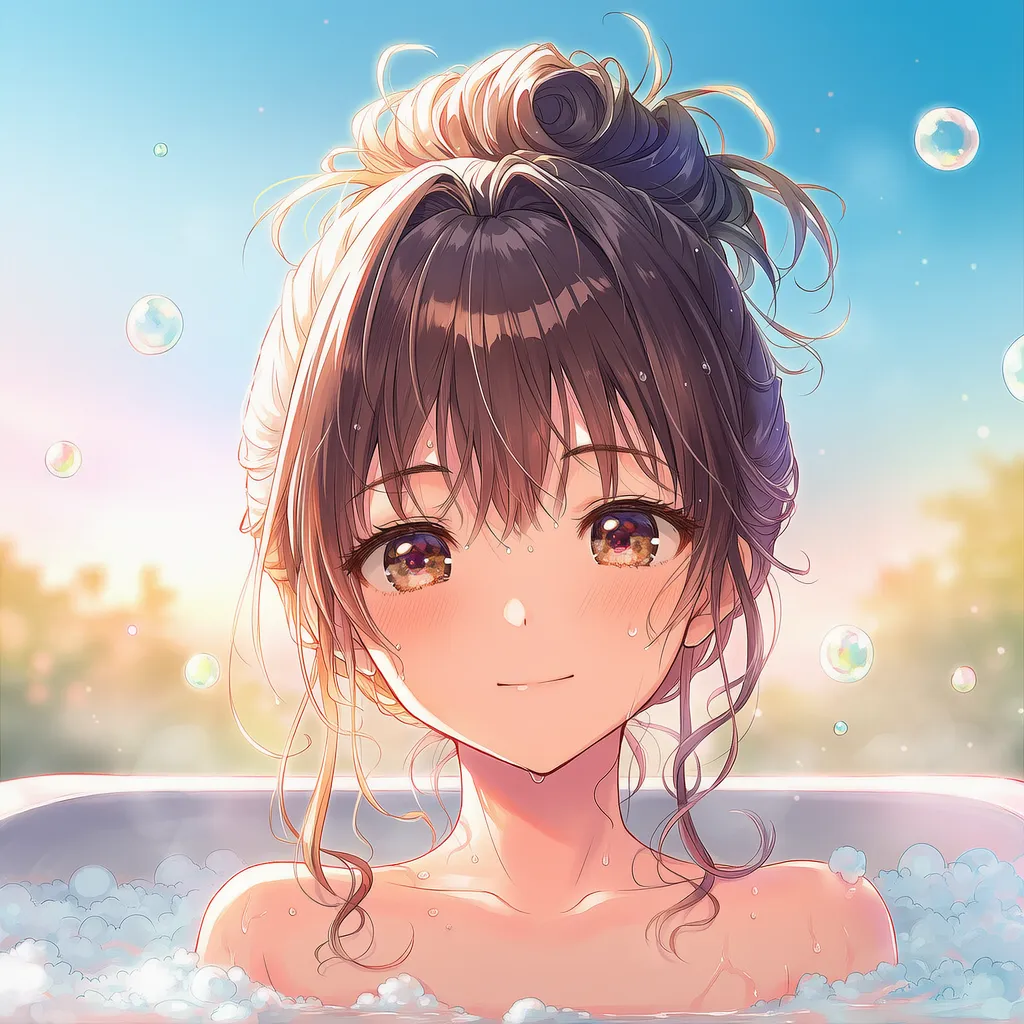 入浴中にバスタブから肩から上が見える様子のAIイラスト|プロンプト紹介