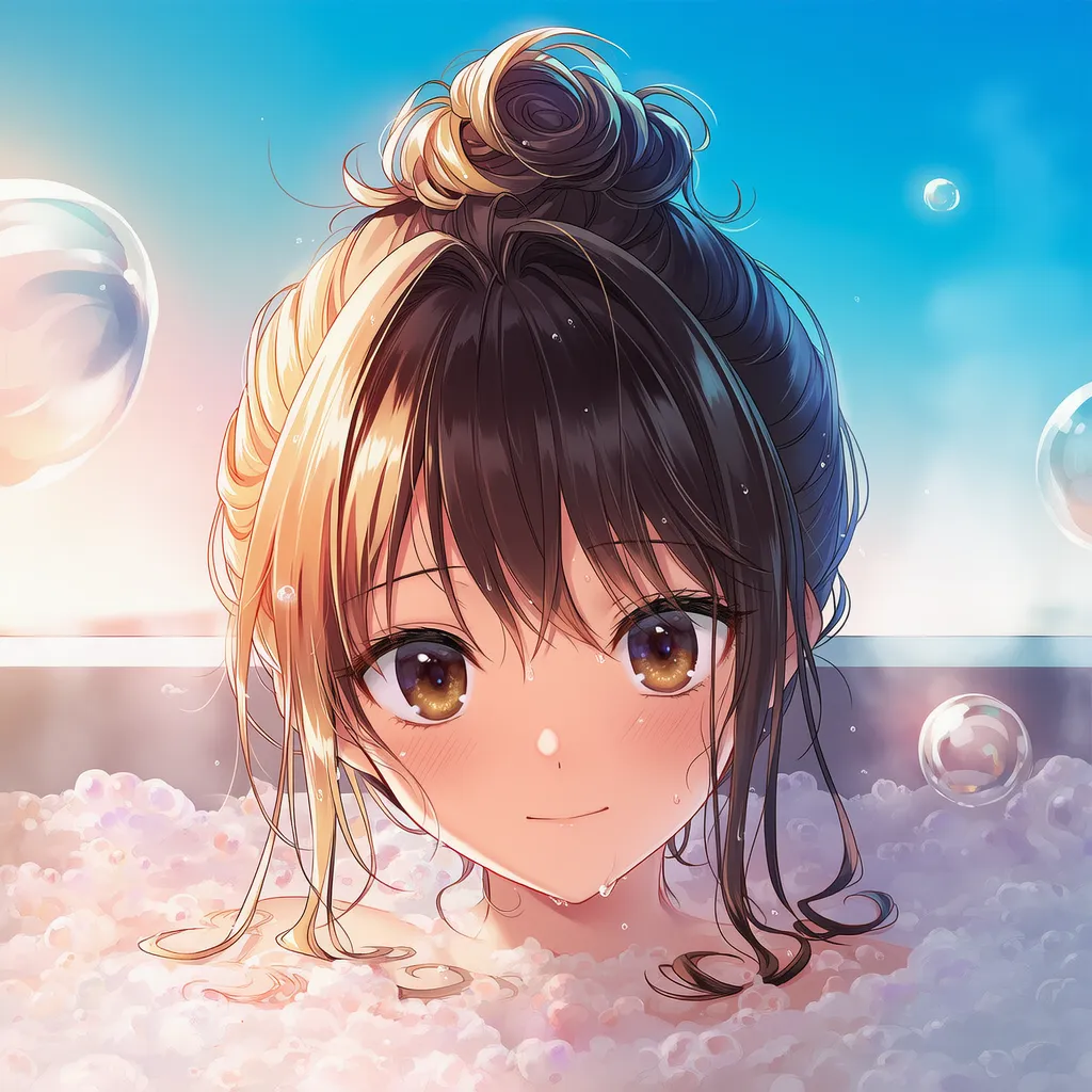 入浴中にバスタブから頭から上が見える様子のAIイラスト|プロンプト紹介