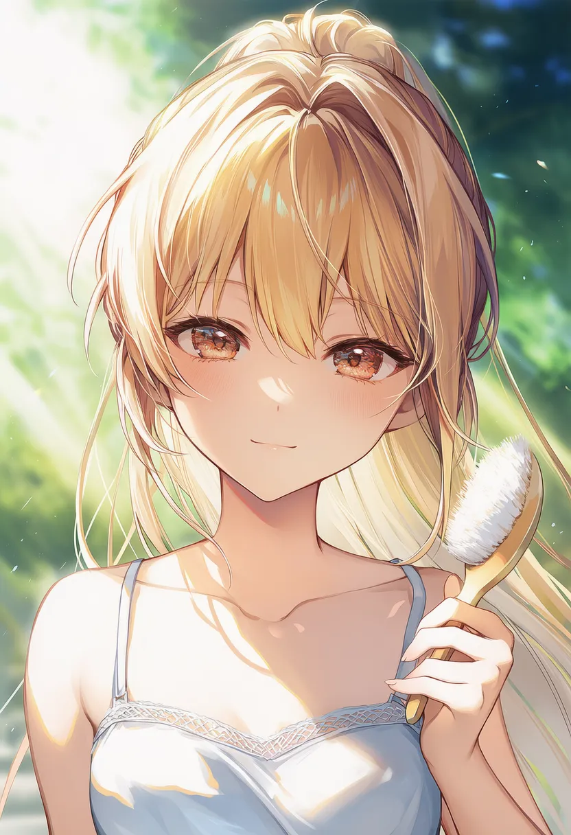 ヘアブラシを持つ美少女AIイラスト｜持ち物プロンプト紹介