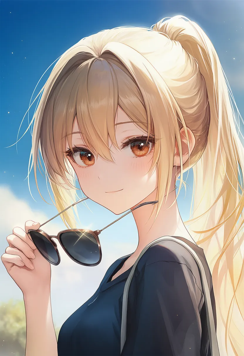 サングラスを持つ美少女AIイラスト｜持ち物プロンプト紹介