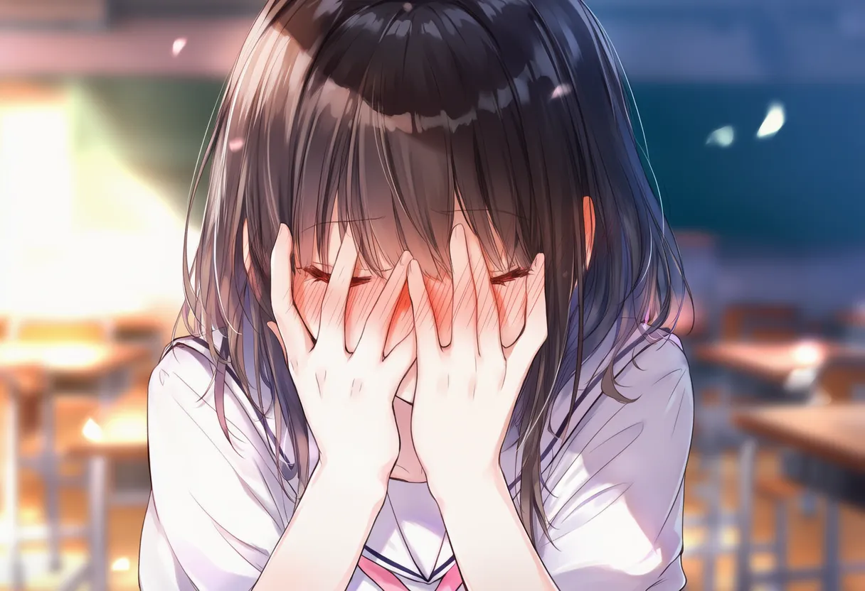 目を閉じて恥ずかしがる美少女AIイラスト｜プロンプト紹介