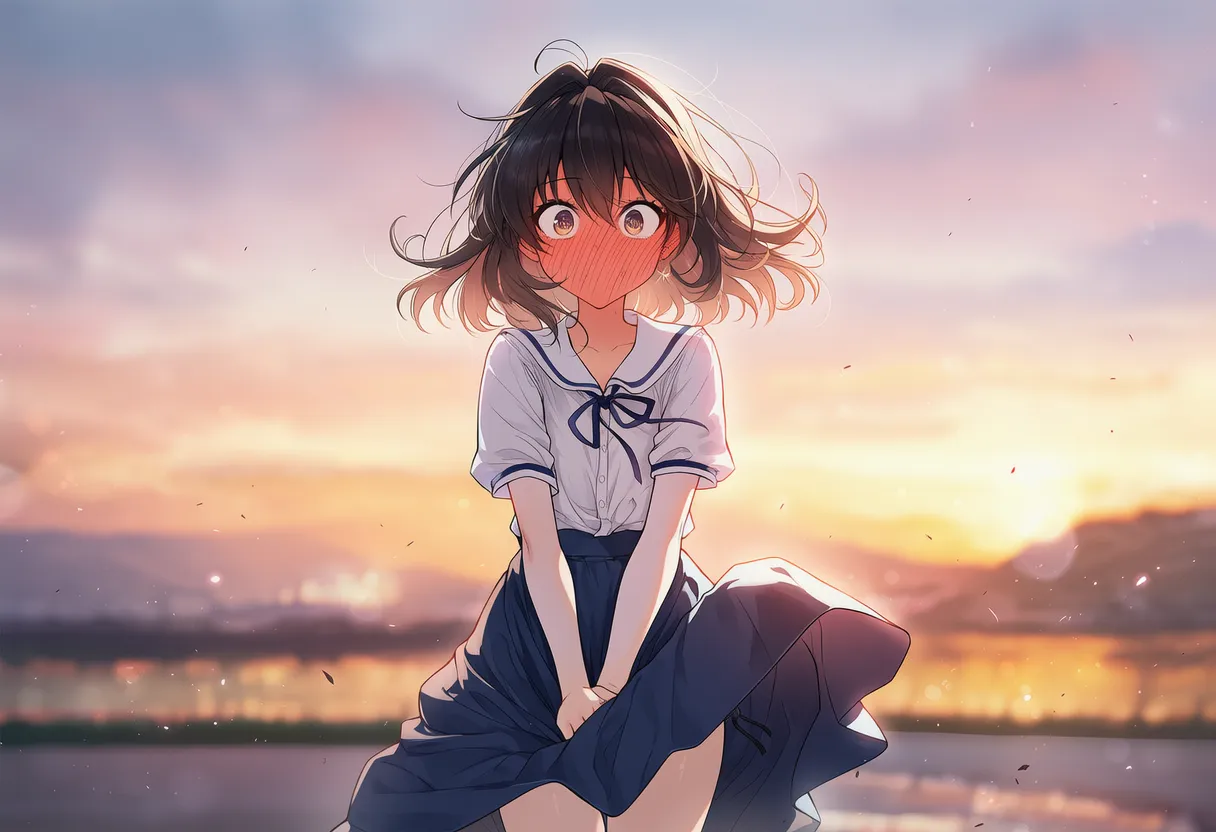 強風でスカートが舞い上がって赤面する美少女AIイラスト｜プロンプト紹介