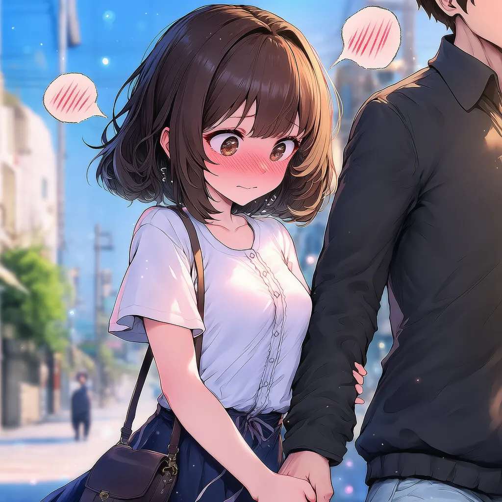 手を繋いで恥ずかしがる美少女AIイラスト｜プロンプト紹介