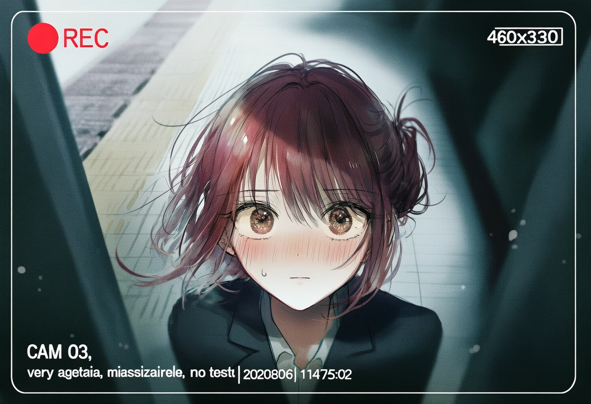 防犯カメラ風モニター録画フレームに映る美少女-02｜プロンプト紹介