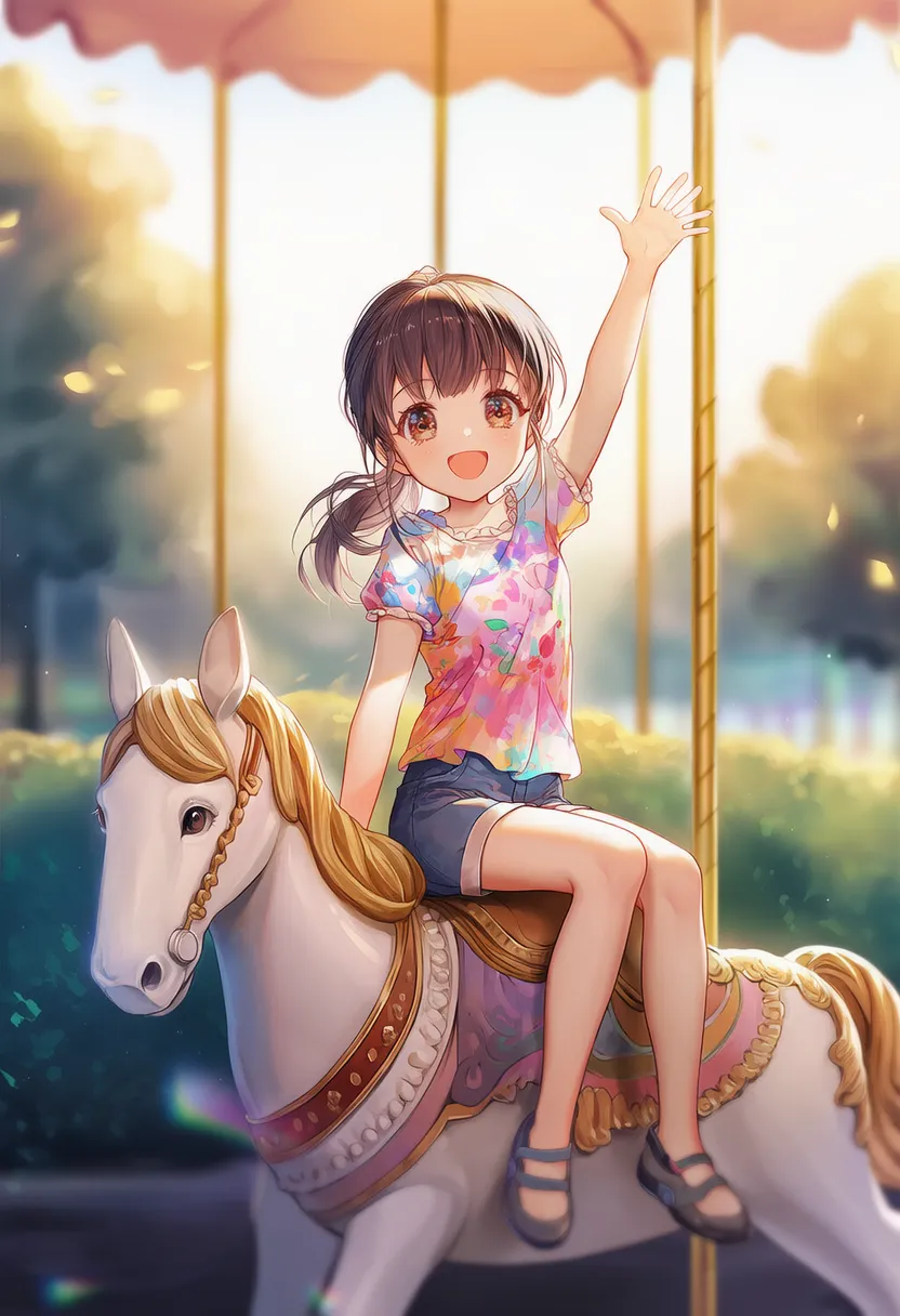 メリーゴーラウンドに乗る女の子のAIイラスト｜公園遊具プロンプト