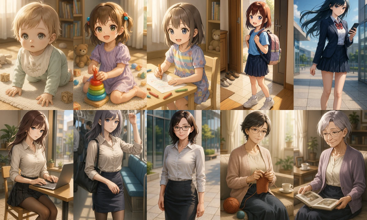 ChatGPT(4o)で生成した年齢別プロンプトのイラスト例(0歳から80歳まで)